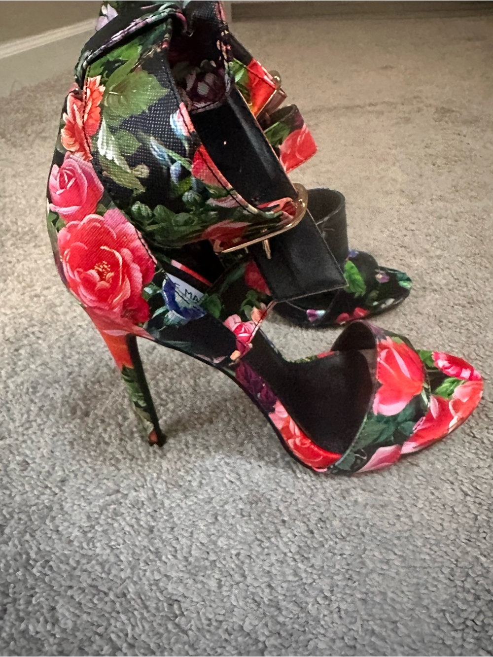 Steve Madden Floral Ankle-Strap Heels - Black with Red, Green, Blue Accents - Picture 7 of 10